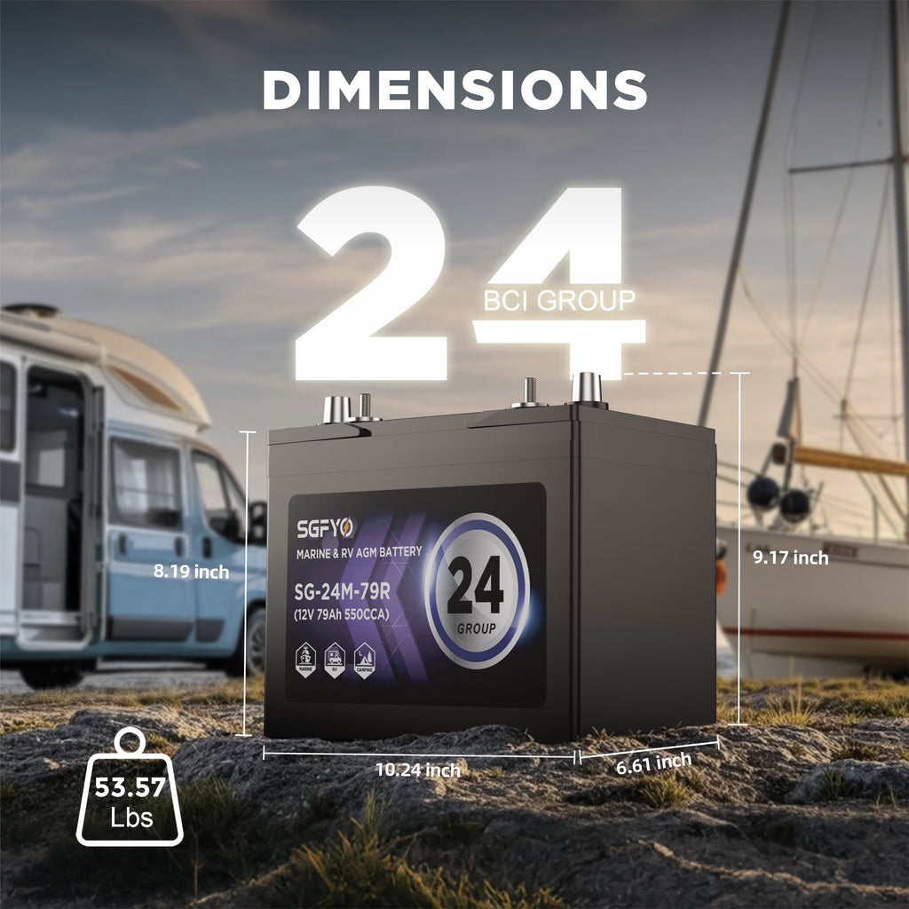 SGFYO Group Size 24M Dual Purpose Marine Battery,12V 79Ah 550CCA 150RC AGM Starter and Deep Cycle RV & Boat Batteries
