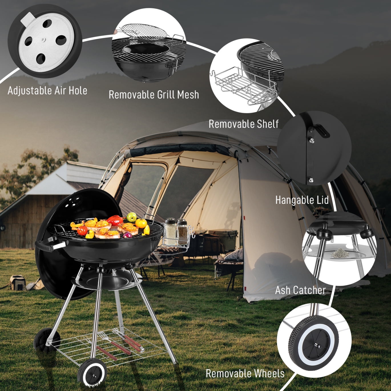 28-Inch Portable Charcoal Grill with Wheels and Storage Holder, Porcelain-Enameled Lid and Ash Catcher & Thermometer, Round Barbecue Kettle Grill Bowl Wheels for Outdoor Party Camping Picnic