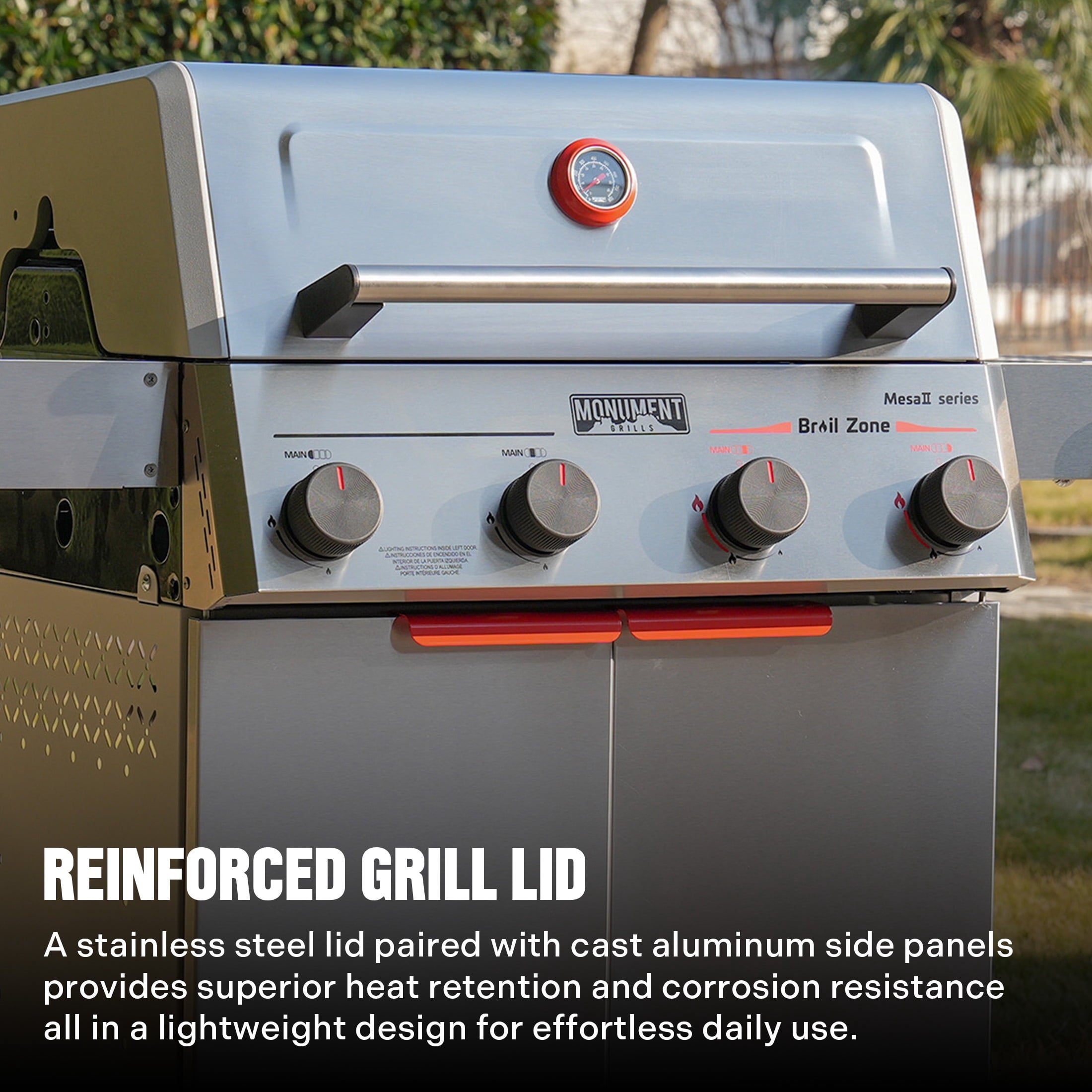 Monument Grills 4 Burner Propane Gas Grill ,Stainless Steel Outdoor Patio Barbecue Grill with Folding Shelves and Flip Rack, Mesa II 410BZ